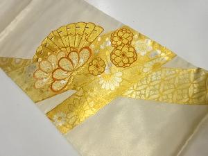 アンティーク　箔置き檜扇に松梅模様刺繍袋帯（材料）